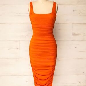Orange Ruched Midi Dress